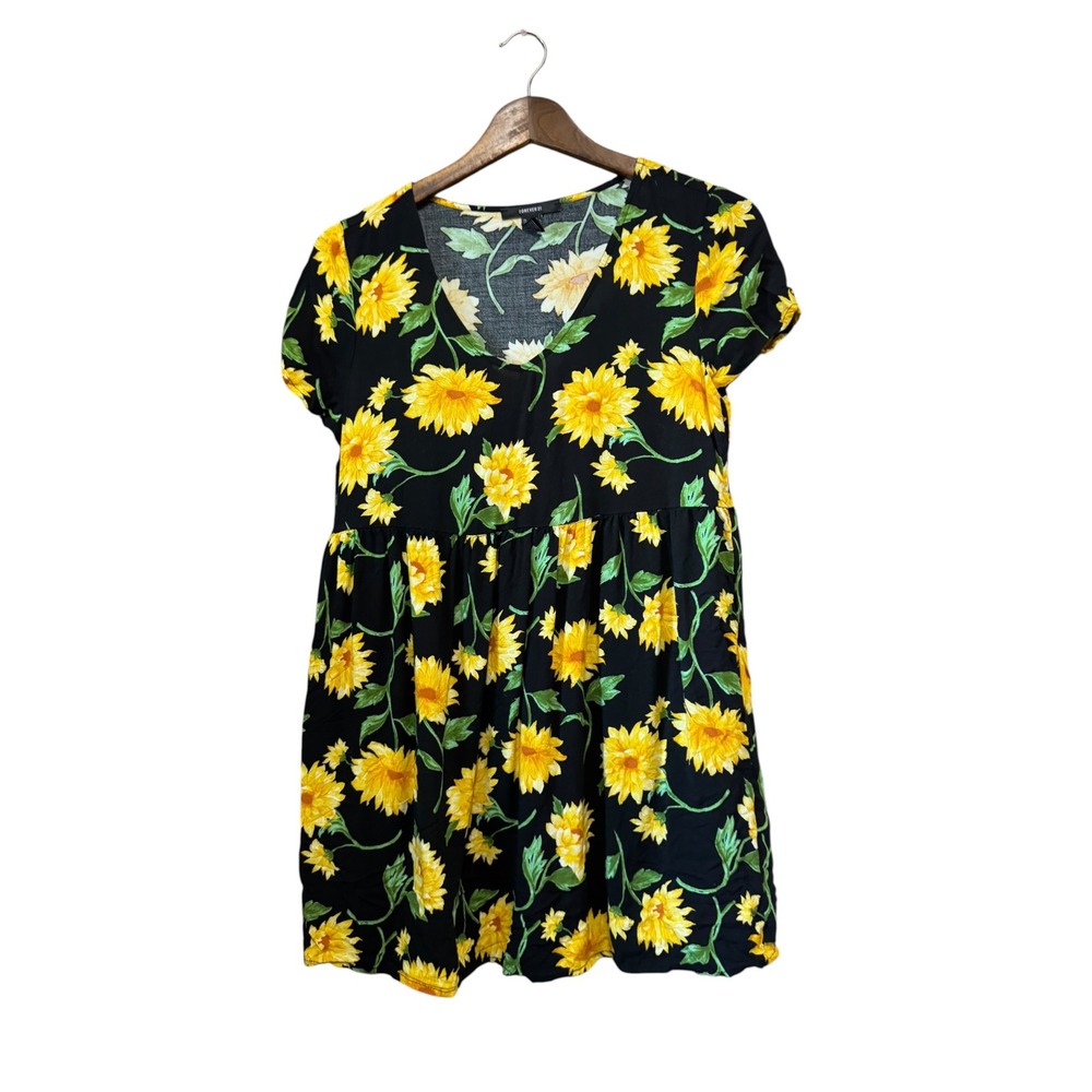 Forever 21 Babydoll Dress Womens Small Black Sunflower Excellent V-Neck Mini
